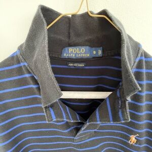 Polo by Ralph Lauren Men's Black and Blue Striped Polo Shirt - Small